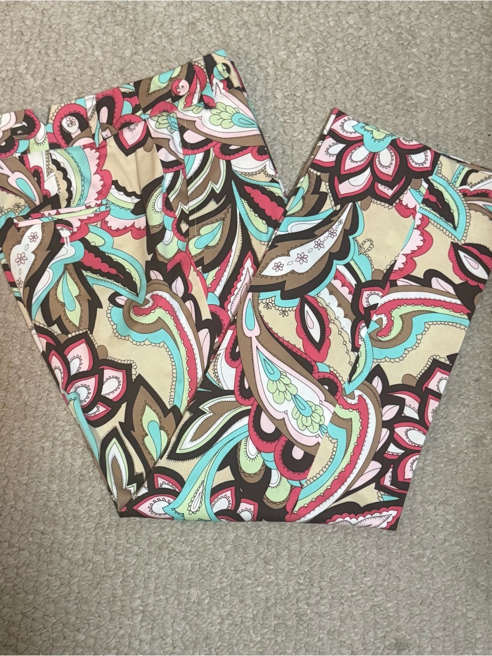 Vintage Paisley Straight-Leg Pants in Beige with Mint & Pink